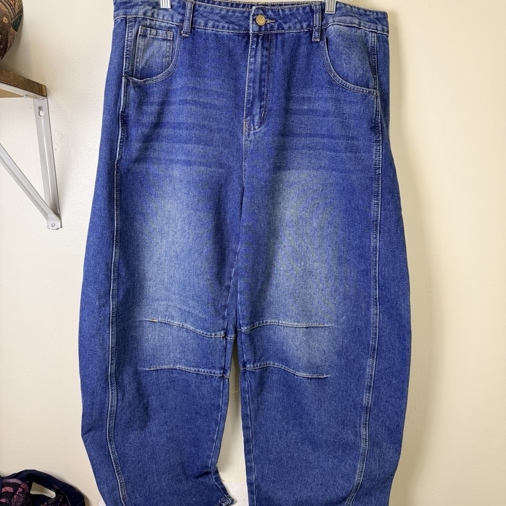 Trendy Indigo Wash Blue Barrel Leg Denim Jeans Women's Size 16 Boho Baggy